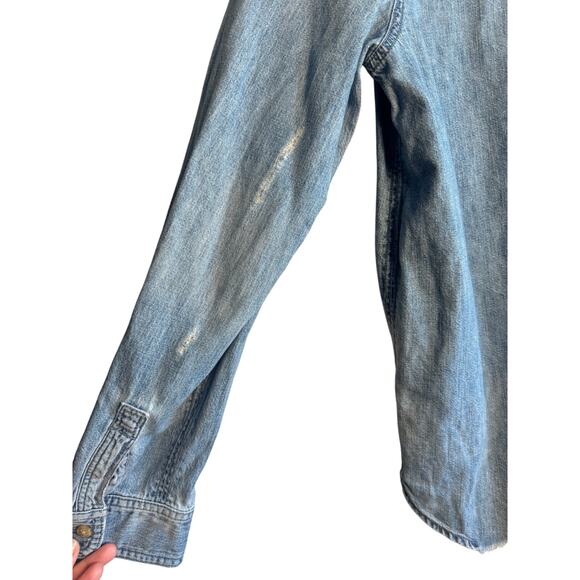 American Eagle Distressed Denim Button-Up Shirt Fun Patches | Size M - Picture 4 of 6